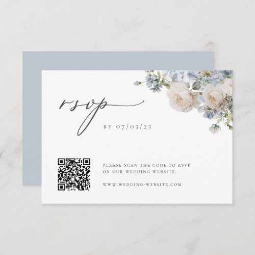 Dusty Blue Garden Floral Wedding QR Code RSVP Card