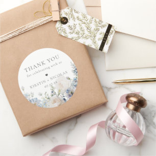 Dusty Blue Garden Floral Wedding Thank You Classic Round Sticker