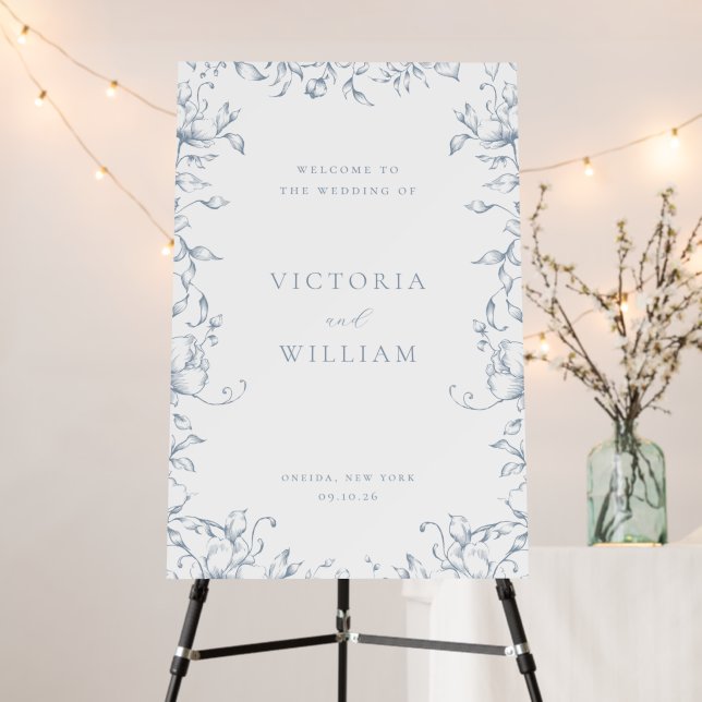 Dusty Blue Garden Floral Wedding Welcome Foam Board (In Situ (Stand))