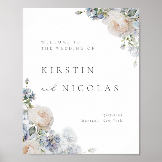 Dusty Blue Garden Floral Wedding Welcome Poster (Front)