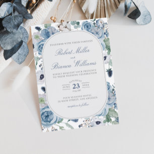 Dusty Blue Garden Roses Floral Elegant Wedding Invitation