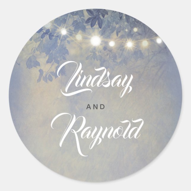 Dusty Blue Garden String Lights Dreamy Wedding Classic Round Sticker (Front)