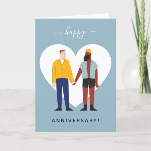 Dusty Blue Gay Couple Illustration Anniversary Holiday Card