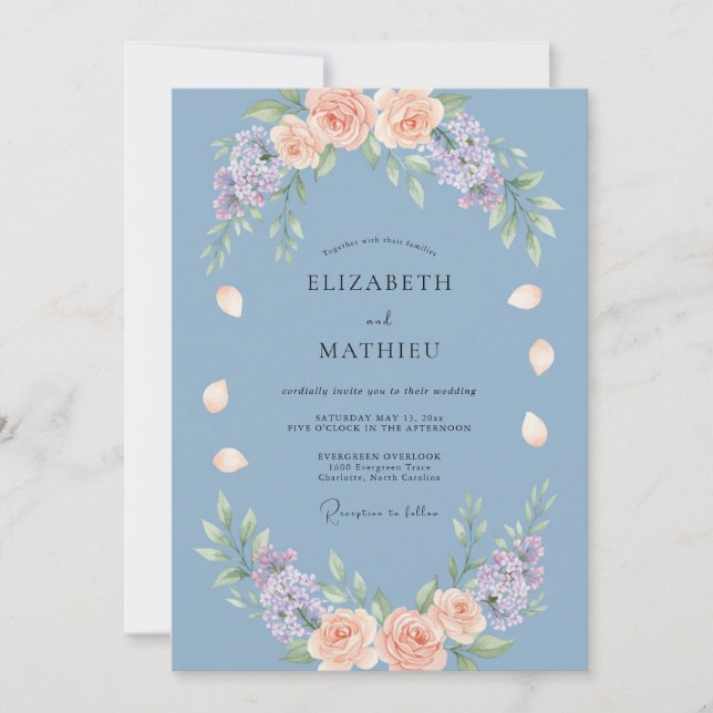 Dusty Blue Gentle Bloom Wedding Invitation (Front)