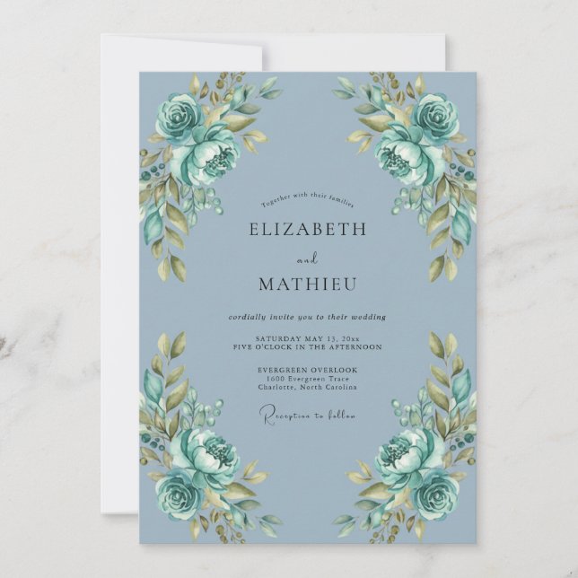Dusty Blue Gentle Blossom Wedding Invitation (Front)