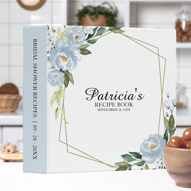 Dusty Blue Geometric Bridal Shower Recipe Book 3 Ring Binder (Creator Uploaded)