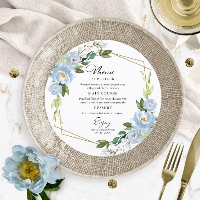 Dusty Blue Geometric Bridal Shower Round Menu Invitation (Creator Uploaded)