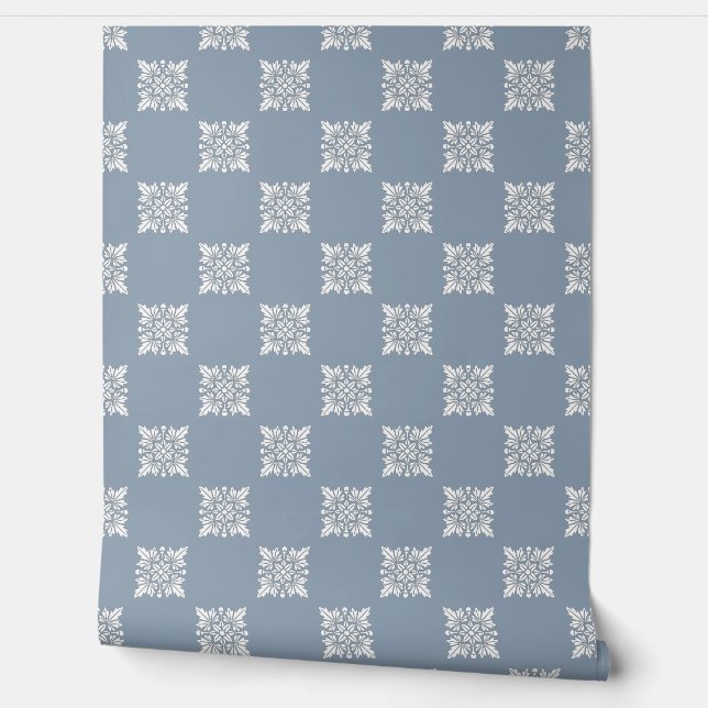 Dusty Blue Geometric Floral Peel and Stick Wallpaper (Unrolling)