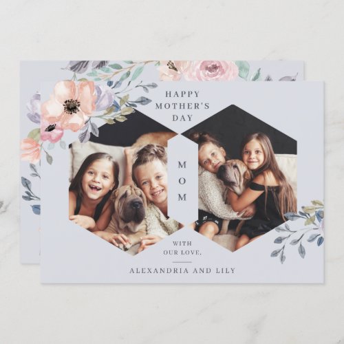 Dusty Blue Geometric Floral  Photo Mothers Day Invitation