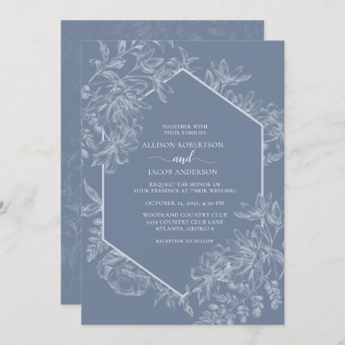 Dusty Blue Geometric Floral Wedding All In One Invitation