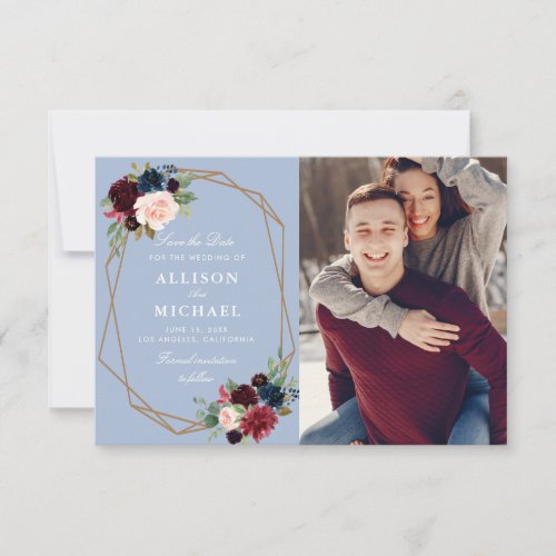 dusty blue geometric save the date photo card