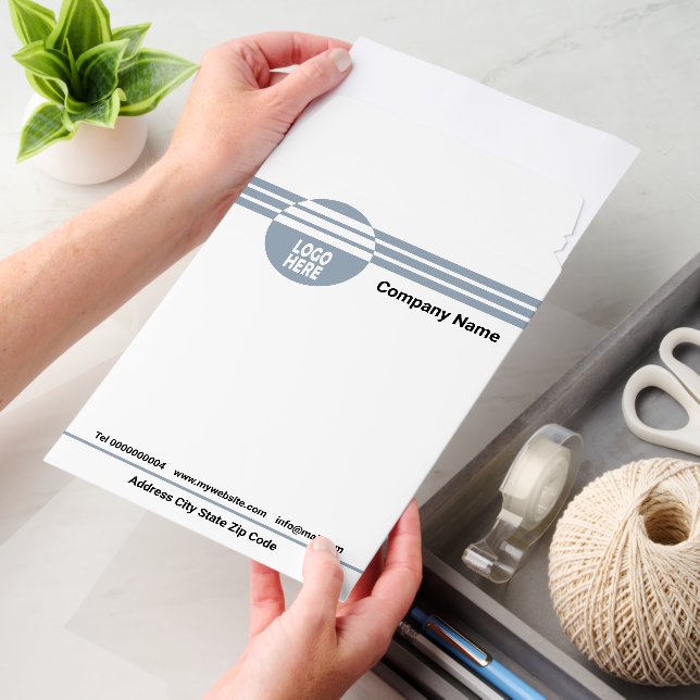 Dusty blue geometric stripes with custom logo envelope mailers (Desk)