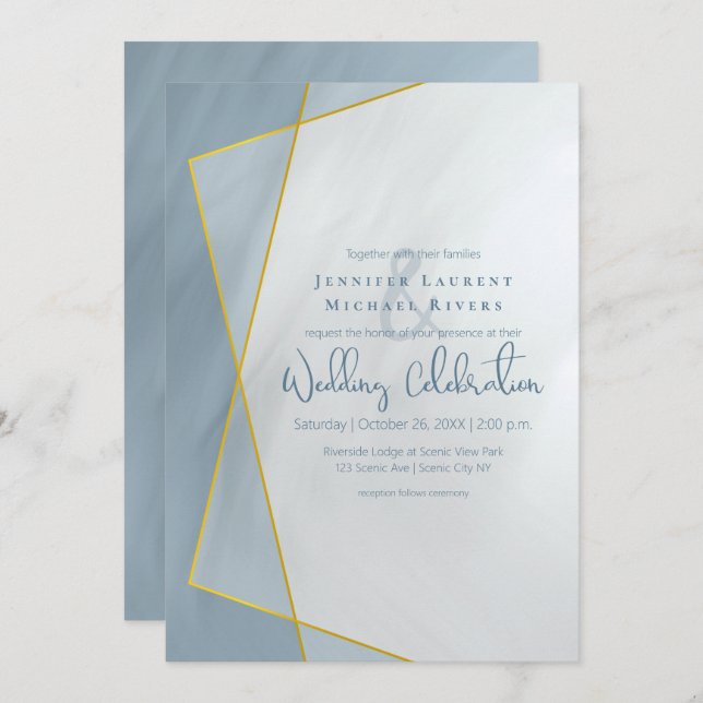 dusty blue geometric typography wedding invitation (Front/Back)