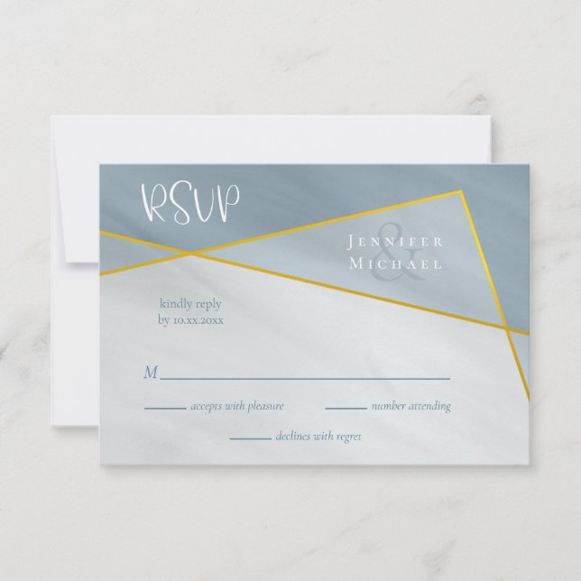 dusty blue geometric typography wedding rsvp card (Front)