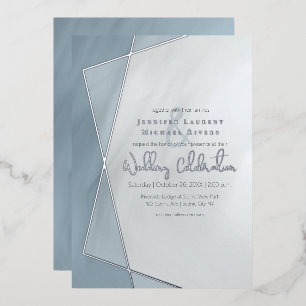 dusty blue geometric typography wedding silver foil invitation