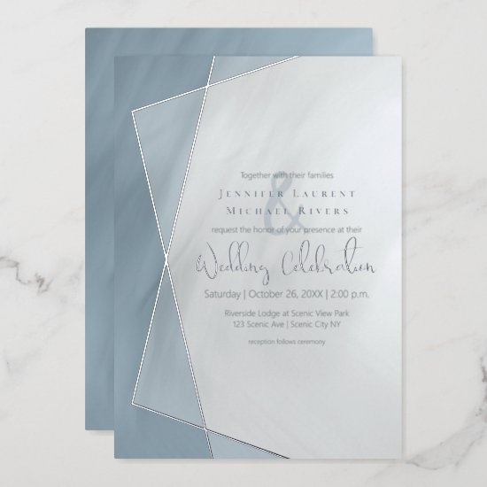dusty blue geometric typography wedding silver foil invitation
