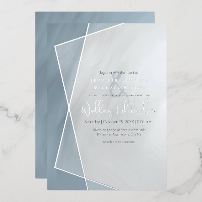 dusty blue geometric typography wedding silver foil invitation (Front/Back)