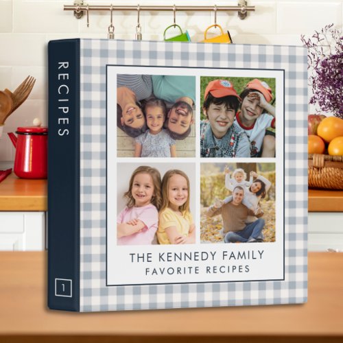 Dusty Blue Gingham 4 Photo Family Recipe Cookbook 3 Ring Binder