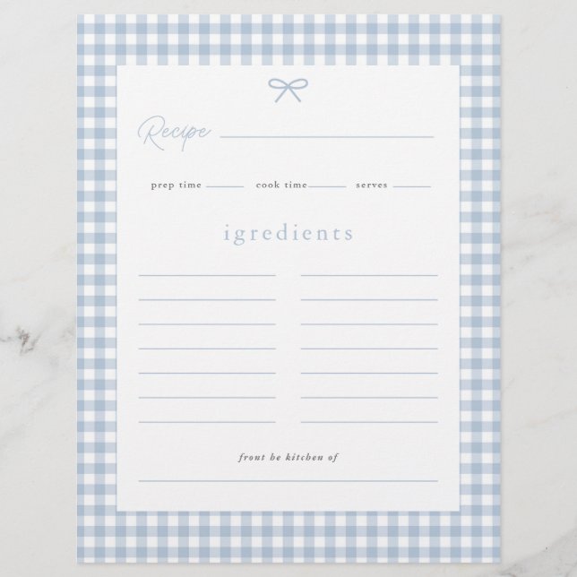 Dusty Blue Gingham Baby Shower Recipe Card Flyer (Front)