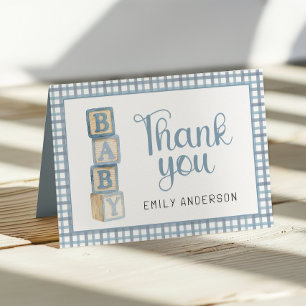 Dusty Blue Gingham Baby Thank You Card   Blocks