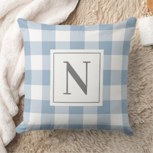Dusty Blue Gingham Check Monogram Initial Throw Pillow