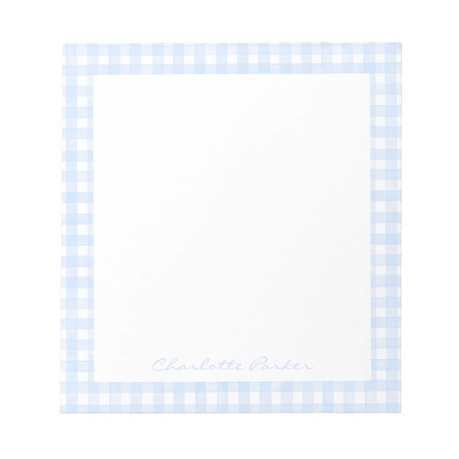 Dusty Blue Gingham Custom Name Notepad (Front)