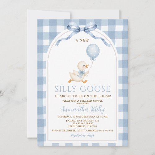 Dusty Blue Gingham New Silly Goose Bow Baby Shower Invitation