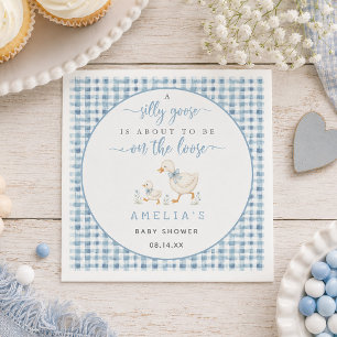 Dusty Blue Gingham Silly Goose Boy Baby Shower Napkins