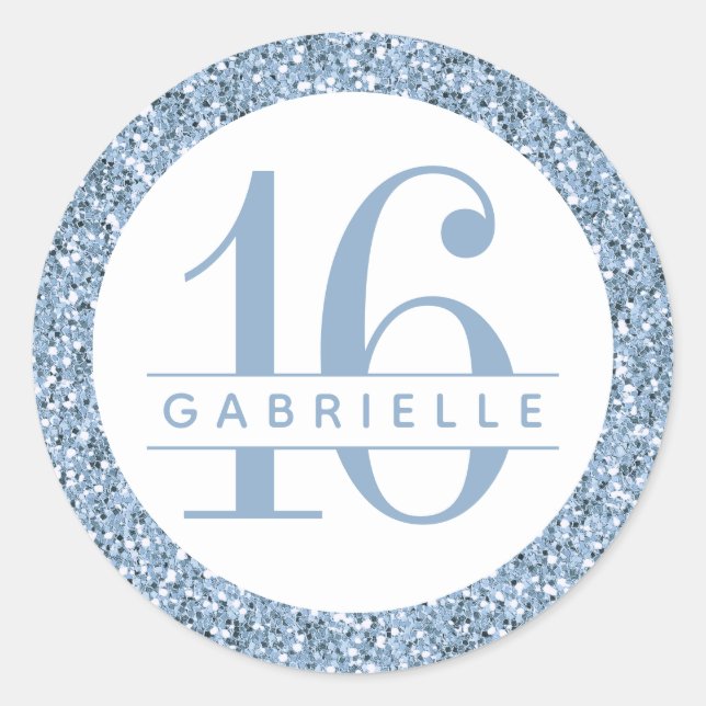Dusty Blue Glitter Birthday Favor Sticker Label (Front)