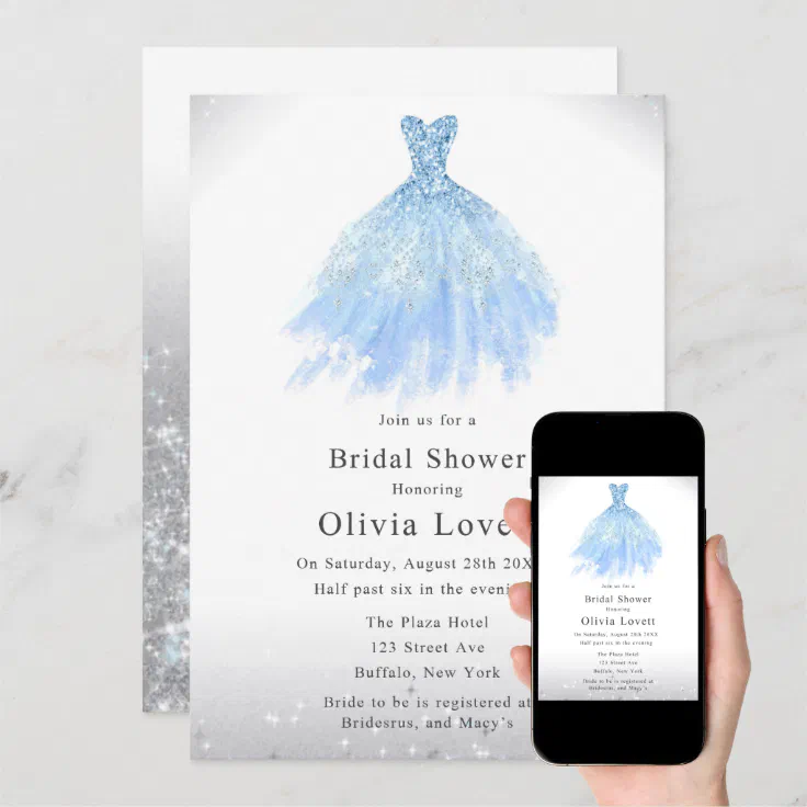 Dusty Blue Glitter Bridesmaid Dress Bridal Shower Invitation Zazzle