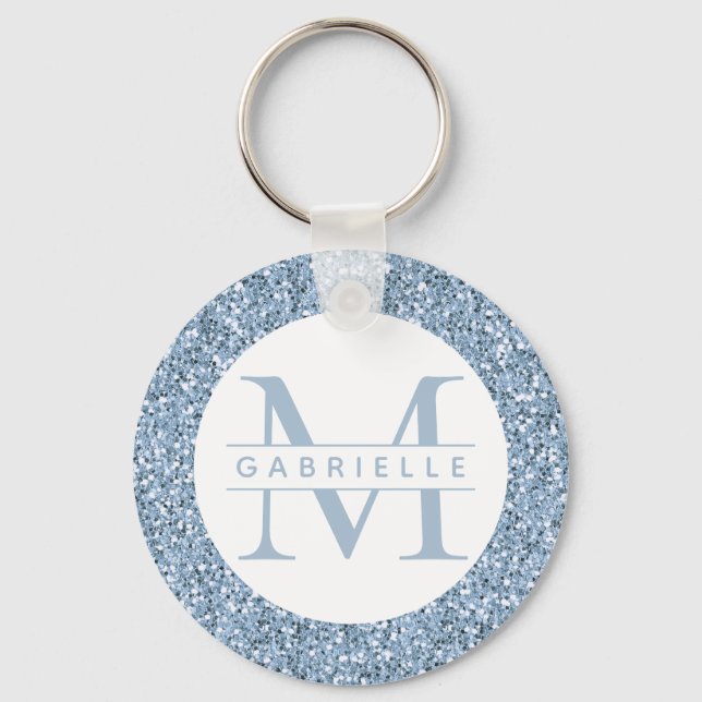 Dusty Blue Glitter Custom Name Monogram Keychain (Front)