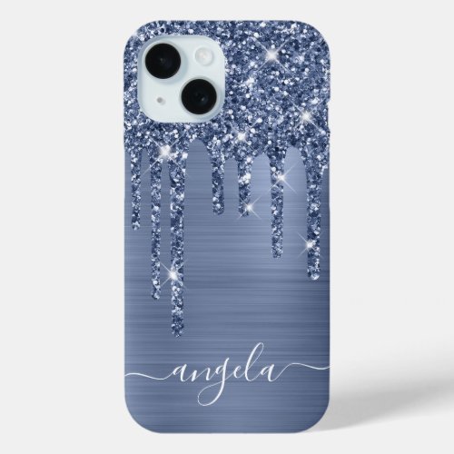 Dusty Blue Glitter Drips Glam Girly Signature iPhone 15 Case