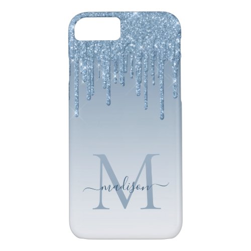 Dusty Blue Glitter Drips Sparkle Monogram Script iPhone 87 Case