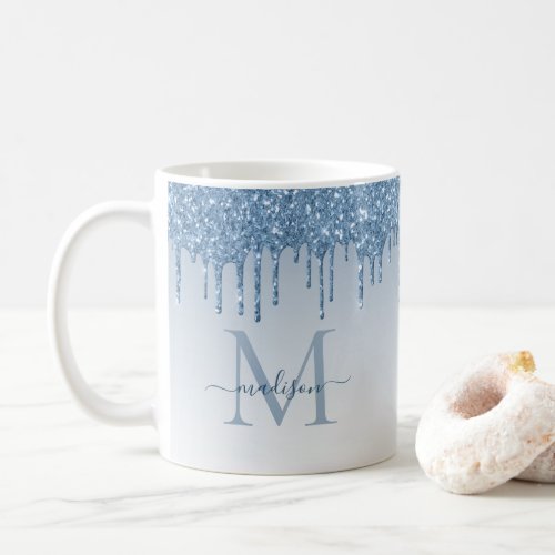 Dusty Blue Glitter Drips Sparkle Monogram Script Coffee Mug