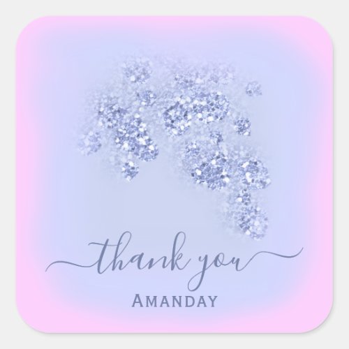 Dusty Blue  Glitter Floral Sweet 16th Favor Pink Square Sticker