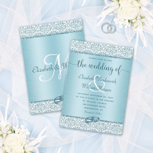 Dusty Blue Glitter Monogram Wedding Invitation
