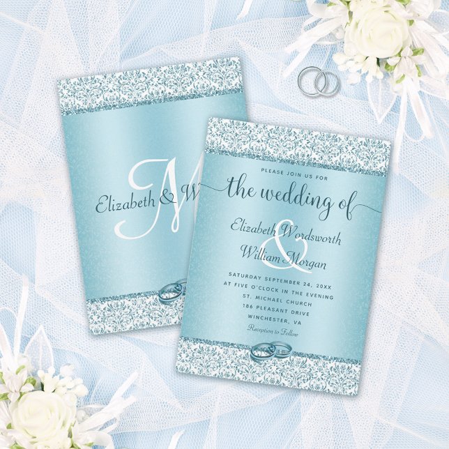 Dusty Blue Glitter Monogram Wedding Invitation (Creator Uploaded)