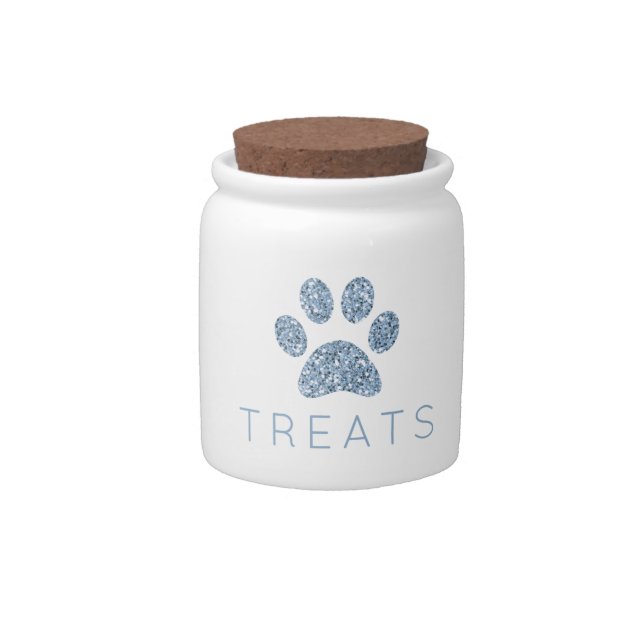 Dusty Blue Glitter Paw Print Pet Treat Jar (Front)