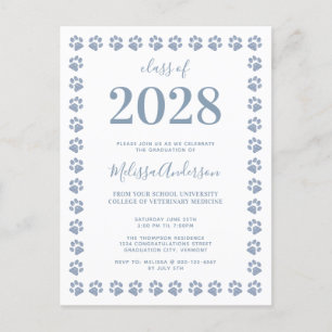 Dusty Blue Glitter Paw Prints Graduation Invitation Postcard