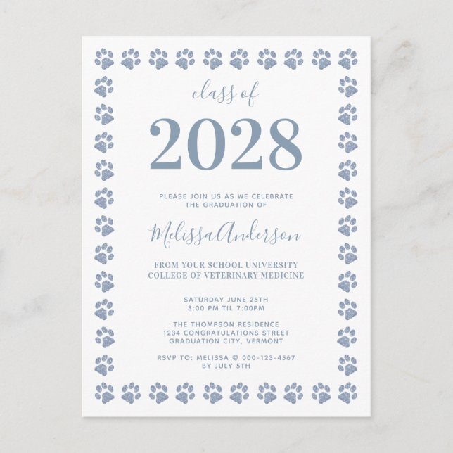Dusty Blue Glitter Paw Prints Graduation  Invitation Postcard (Front)