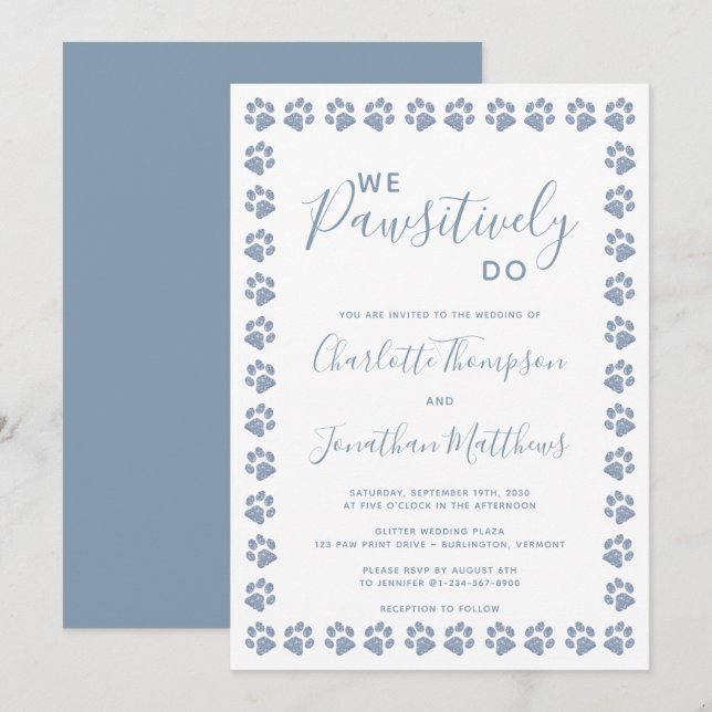 Dusty Blue Glitter Paw Prints Wedding Invitation (Front/Back)