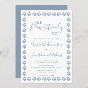 Dusty Blue Glitter Paw Prints Wedding Invitation