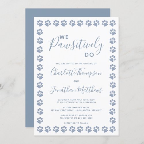 Dusty Blue Glitter Paw Prints Wedding Invitation