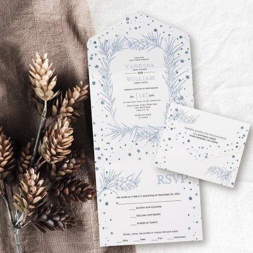 Dusty blue glitter pine confetti winter wedding a all in one invitation