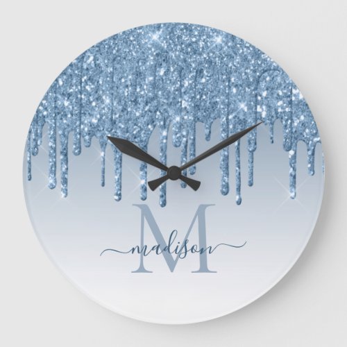 Dusty Blue Glitter Sparkle Glam Dripping Monogram Large Clock