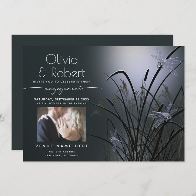 Dusty Blue Glow Engagement Moonlight Dragonfly Invitation (Front/Back)