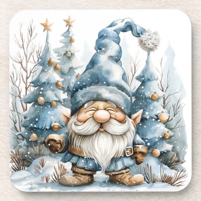 Dusty Blue Gnome and Christmas Trees Beverage Coaster (Front)