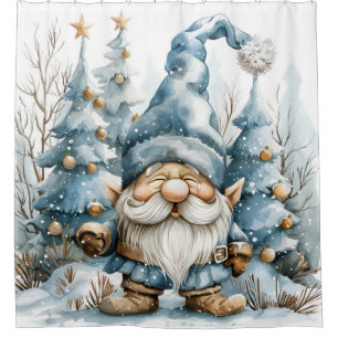 Dusty Blue Gnome and Christmas Trees Shower Curtain