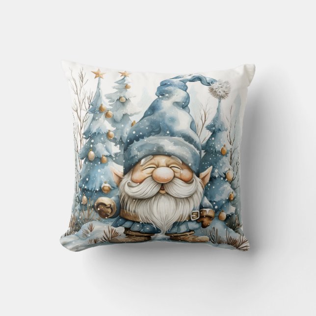Dusty Blue Gnome and Christmas Trees Throw Pillow (Front)