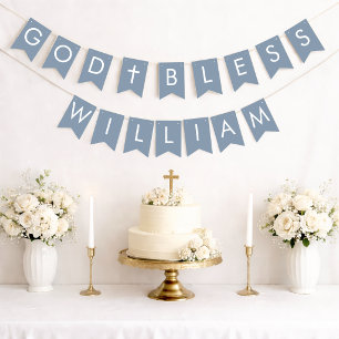 Dusty Blue God Bless 7 Letters Baptism Communion Bunting Flags